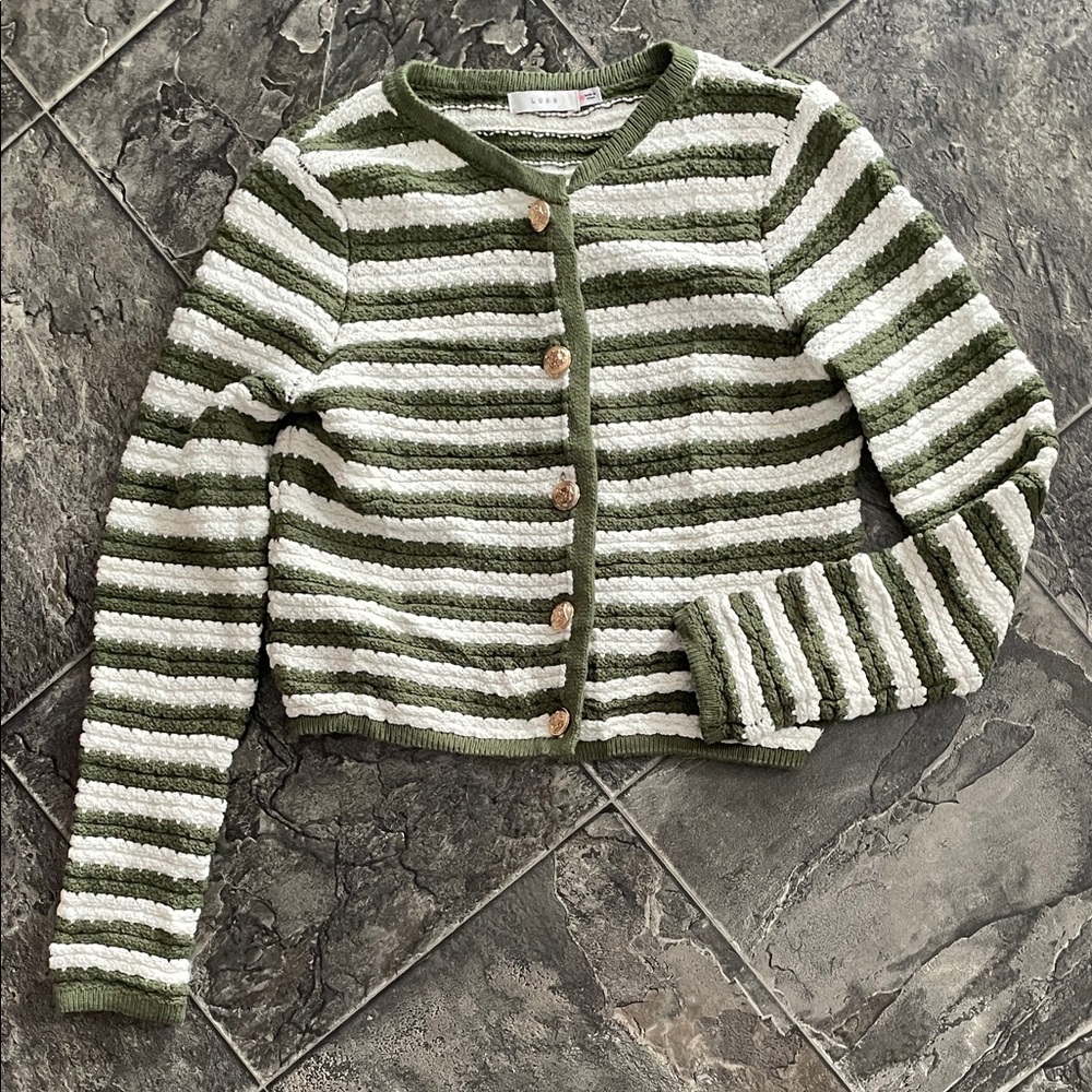 LUSH Green & White Preppy Women's Knit Sweater Gold Buttons Coastal CottageCore